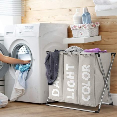 3-teiliger Wäschekorb (120 l), faltbar, dreifacher Wäschekorb, Wäschekorb aus Stoff mit faltbarem Wäschesack und Griff, erhältlich in 5 Farben (Beige) (1/4)