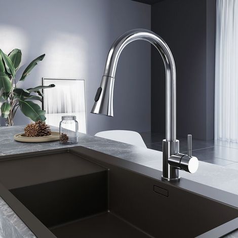 Meykoers Kitchen Tap Pull Out with 2 Spray Modes 360° Rotatable Kitchen Stainless Steel Sink Tap, Adjustable Hot and Cold Water (1/5)