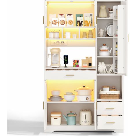CHICFURN Columna de cocina 105x40x185 cm de MDF blanco, estilo granero, con LED y enchufes (1/5)