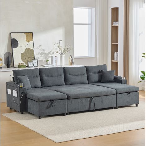 Divano letto da 4 posti, grigio scuro, in lino, con doppia chaise longue, vano portaoggetti, porta USB-C e funzione di letto supplementare (tipo branda estraibile), 272 x 136 x 86 cm (1/5)