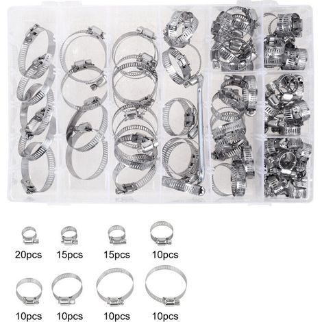 Lot de 100 colliers de serrage réglables en acier inoxydable 304, diamètre 8-44 mm, pour tuyaux d'eau, plomberie, automobile et applications mécaniques. (1/5)