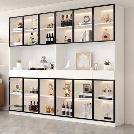 Vitrinenschrank mit LED-Beleuchtung, 200 x 120 x 36 cm, Weiß mit schwarzem Aluminiumrahmen OKMYHOME (1/5)