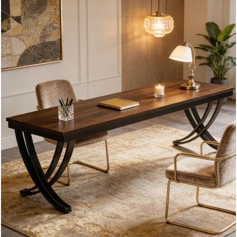 Scrivania doppia da ufficio, ampia superficie per due persone, design con gambe a X, metallo e legno nero marrone rustico (1/5)