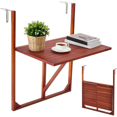 Table Balcon Suspendue 65x45 cm 27 kg Table Balustrade Rabattable pour Garde-corps de Terrasse Jardin d'Extérieur, Compatible avec Rails 0-70 mm, Hauteur Utilisation Debout, en Bois d'Acacia