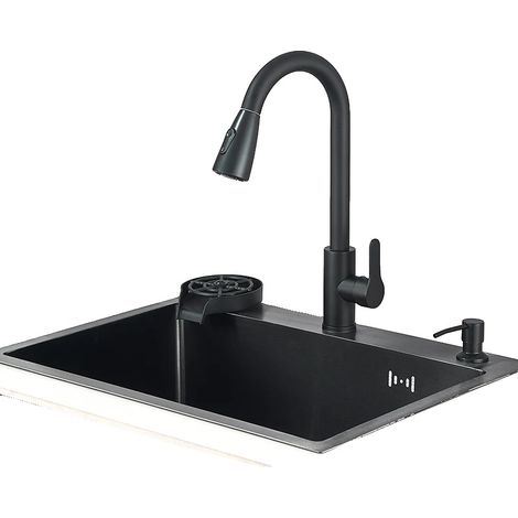Lavello da cucina in acciaio inox con rubinetto multifunzione, colore nero, 60x45 cm. (1/2)