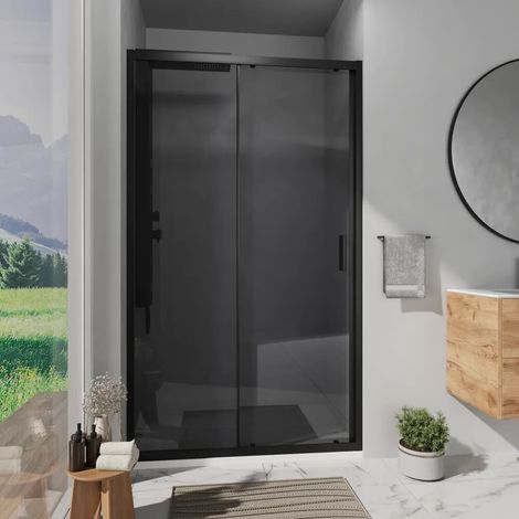 Cabine de douche 105 cm réversible ouverture coulissante profilés noir mat verre fumé 6 mm h 198 Tahiti (1/4)