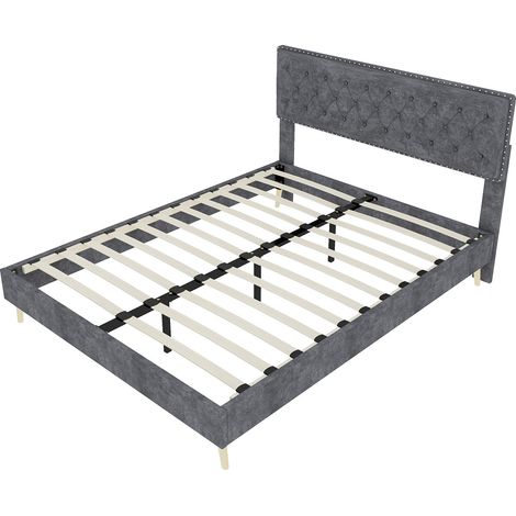 Lit capitonné 140x200 cm en velours gris, tête de lit haute, matelas inclus MODENUIT (1/5)