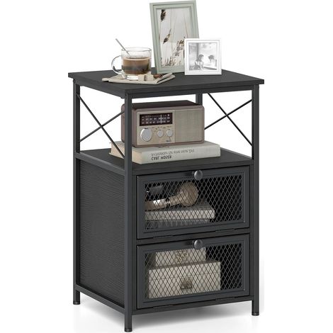 COSTWAY Table de Chevet Industrielle 2 Compartments, Noir,1 (1/5)