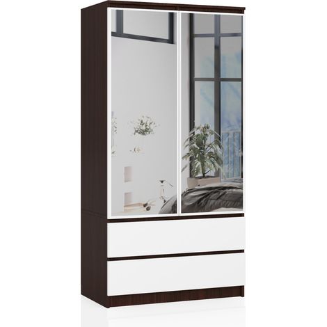 Kleiderschrank AKORD S90 mit Spiegel Wenge 90 cm 2 Türen 2 Schubladen 4 Ebenen Front Weiß B90 x H180 x T51 cm (1/5)