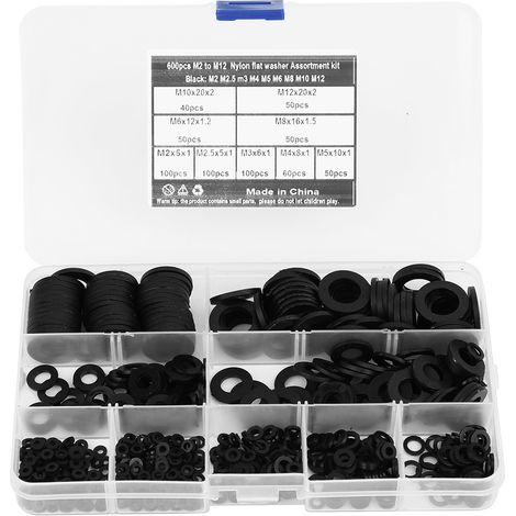 Kit de 600 rondelles en nylon noir (9 tailles) M2-M12 - Quincaillerie