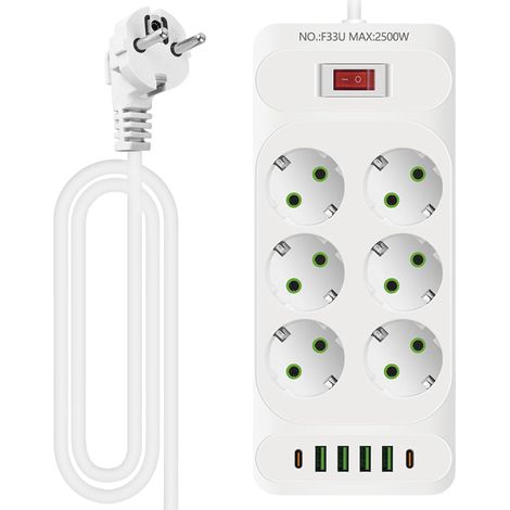 Multiprise commutable individuellement, 12 en 1, 6 prises, avec 4 USB-A et 2 USB C, multiprise, multiprise, protection contre les surtensions pour la maison, le bureau (blanc) (1/5)
