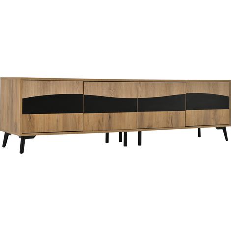 Mueble TV bajo de aglomerado 180 x 40 x 50 cm con 4 puertas, acabado madera y negro MODENUIT (1/5)