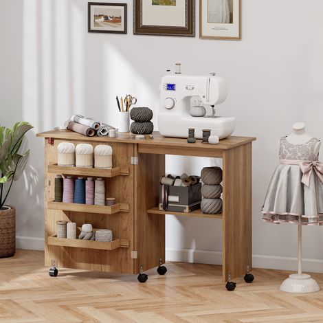 Table de couture pliante meuble couture à abattant avec bacs de rangement, étagère ouverte et roulettes, marron (1/5)