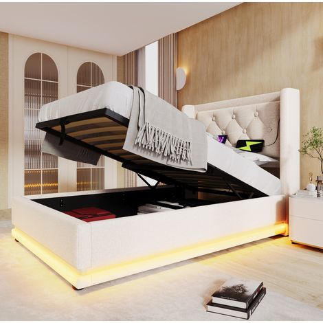 lit adulte rangement LED 90x200 coton beige OKMYHOME (1/5)