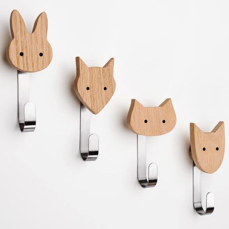 Patère à vêtements pour enfants en bois en forme d'animaux, chêne, noyer, crochet mural porte-manteau, porte-manteau pour chambre d'enfant, animaux, lapin, décoration (chêne avec 4 crochets en métal) (1/5)