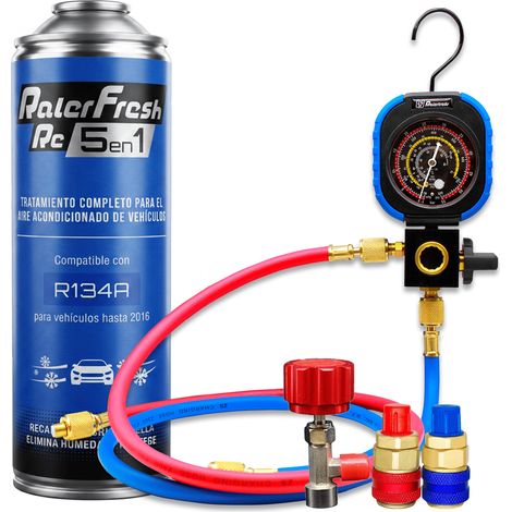 Pack gas refrigerante 1 botella Ralerfresh RC R134A 5en1 500ml con Manometro RF31 y conectores