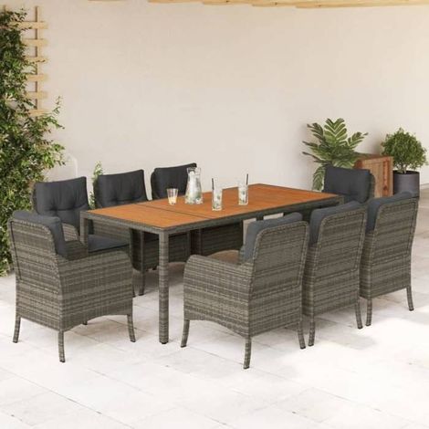 Ensemble à manger de jardin - FAF7291712416408 - Résine tressée gris - Table acacia 190x90 cm - 8 chaises 8 coussins (1/5)