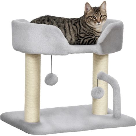 PawHut 42cm Indoor Cat Tree, Kitty Play Tower w/ Toy Balls, Scratching Post Grey