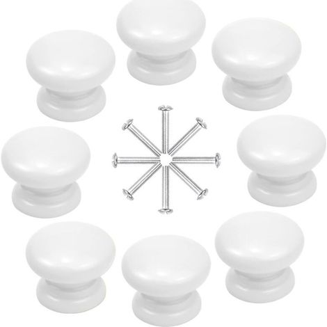 8 Pcs Boutons de Meuble 33MM Blanc Boutons de Porte d'Armoire en Bois Boutons de Tiroir Rondes Boutons de Placard Champignons Boutons pour Armoire Placard Commode Tiroir avec Vis (1/4)