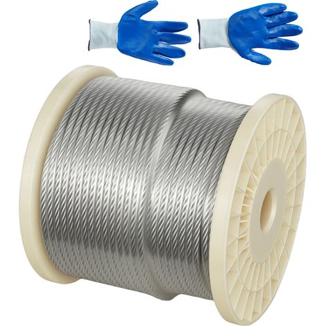 Mophorn Drahtseil φ6,35 mm, 76,2 m lang, aus verzinktem Kohlenstoffstahl, 31,1 kN Bruchlast, 7x19 Litzen, geeignet für Geländer, Gartenspaliere, inklusive Handschuhe (1/5)