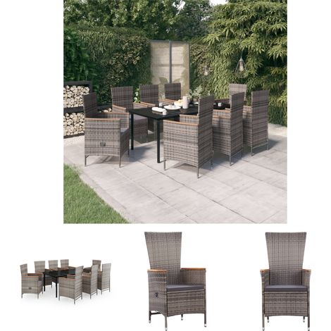 Gartenstühle - vidaXL 9-tlg. Garten-Essgruppe mit Auflagen Grau - Gartenstuhl (1/5)