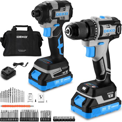 Perceuse Visseuse 20V + Visseuse à Choc 200N.m, Kit 2-en-1 avec 2 Batteries 2.0Ah, Chargeur Rapide, Sac de Rangement et Jeu Complet d'Embouts de Vissage, Bleu (1/5)