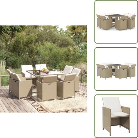 Ensemble à manger de jardin et coussins 9 pcs Poly rotin Beige - Salon De Jardin - Meubles De Jardin - Set De Jardin - Table Et Chaises - Résine Tressée (1/5)