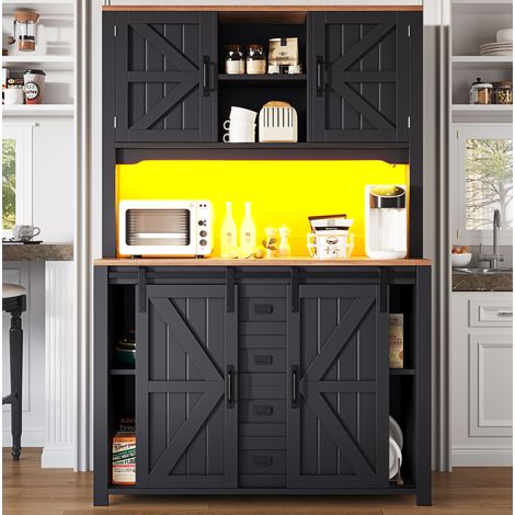 Credenza alta da cucina in MDF e metallo nera 115x40x174,7 cm con ante scorrevoli, cassetti e LED (1/5)