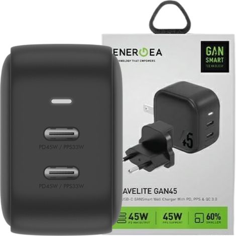 Energea Ladegerät 2xUSB-C PD-PPS 45W2C schwarz/schwarz US+EU Travelite GAN45 (1/5)
