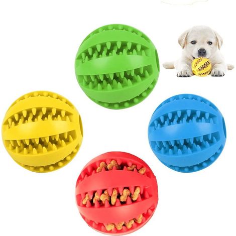 Balle Chien, 4 Pièces Jouet Caoutchouc Robuste pour Moyen et Petit Chien - Jeu à Mâcher pour Nettoyer Les Dents (Bleu Foncé, Vert, Rouge, Jaune) (1/4)