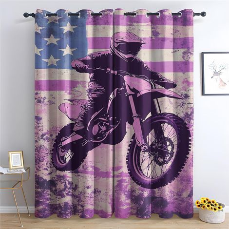 Rideau Occultant Dirt Bike - Décoration Dirt Bike, Rideau Thermique Motif Drapeau Américain Moto Cross Rustique, Lot de 2 Rideaux Opaque à Oeillets pour Fenetre Chambre Salon, 140x160 cm (LxH) - 2x L (1/5)