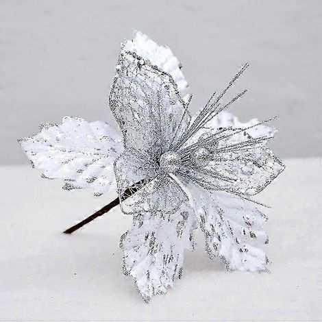 Fleurs de Noël artificielles en maille de 22 cm, faites à la main, couronne de Noël en rotin, décorations argentées pour sapin de Noël (1/5)