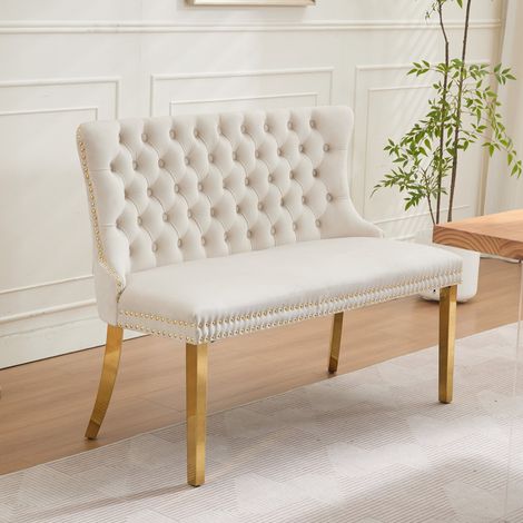 Banquette salle à manger 2 places velours capitonné dossier oreilles pieds acier doré style mid-century beige DE1602BG