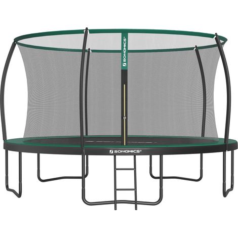 Trampoline pour Enfants Diamètre 427 cm, Filet de Protection, Poteau Incurvé de 180 cm de Haut, Coussins de Sécurité, Échelle, Cadre en Acier, Noir et Vert