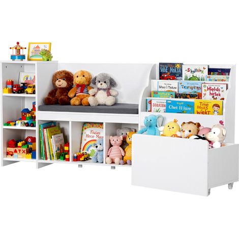 Banc de rangement pour enfants 170 x 40 x 80 cm, bibliothèque en bois avec rangement de jouets, banc de lecture avec dossier, grand coffre à jouets pour salle de jeux, salon ou entrée, blanc (1/5)