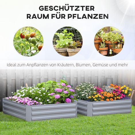 Jardinière lot de 2, bac à plantes, fond ouvert, cadre en acier, gris, (2 x) 100 x 100 x 30 cm (1/4)