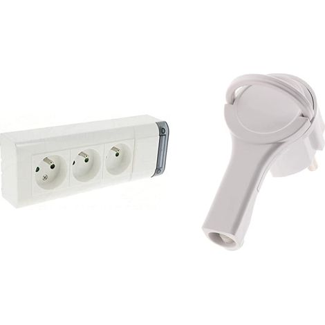 Bloc Multiprise Fixable 3 Prises de Courant, 2P+T, 208mm Longueur, Blanc (1/5)