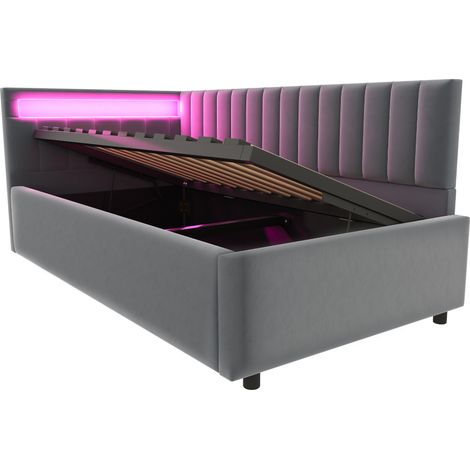 Cama tapizada 90x200 cm con LED, arcón hidráulico, terciopelo gris y somier de láminas (1/5)