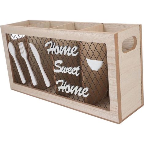 Support rangement ustensiles cuisine, pot mural, porte-couverts bois, panier fer stockage (1/4)