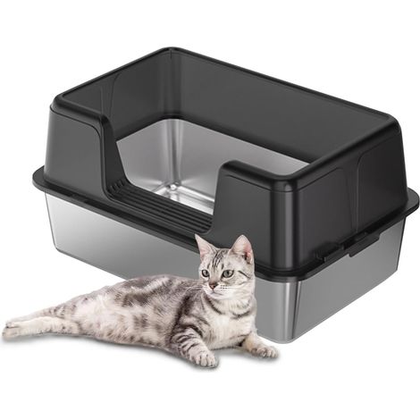 Litiere pour Chat Acier Inoxydable, XXL Bac à Litière pour Chat, Semi-fermée Caisse Litter Box, Anti-Fuite, Amovible Maisons de Toilette pour Chats,60x40x36.5 cm,Noir (1/5)