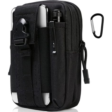 Sac Tactique Ceinture, Nylon Sacoche Ceinture Noir Multifonctionnelle Molle EDC Gadget Sac pour Téléphone, Plein-Air, Randonnée, Alpinisme et Cyclisme (avec 1 Mousquetons)