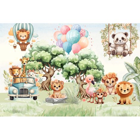 Papel pintado infantil con fotos de animales de safari y globos M189 300x200 (1/5)