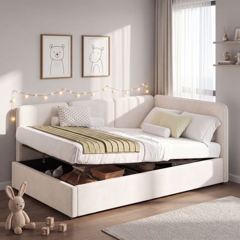 Modernluxe - Canapé-lit coffre 90x200 cm - Lit capitonné réversible - Espace de rangement - Tissu velours - Beige (Matelas non inclus) (1/4)
