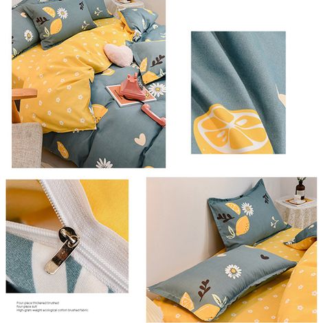 Lot de 4 pièces housse de couette en coton peigné épais, drap-housse petit citron vert, literie fraîche pour lit 1,2 m, vente en gros cadeau (1/3)