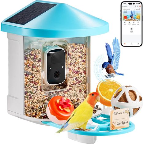 Mangeoire Oiseaux avec Caméra Intelligente 2K HD AI Caméra Identifie 10000 Espèces d'Oiseaux, 3 Panneaux Solaires, Capture Auto, Notification Instantanée, pour Extérieur Amoureux des Oiseaux (1/5)
