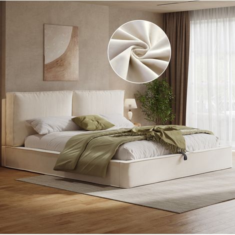 Lit rembourré Beige 180x200 cm en velours avec tête de lit haute et coffre relevable (1/5)