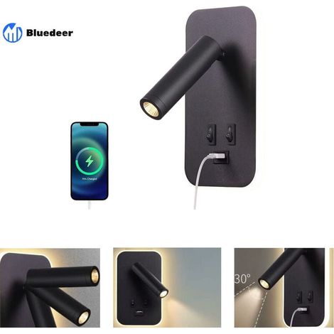 Applique Murale LED - Lampe de Chevet avec Prise USB - Éclairage Ambiant et Lecture Réglable - 3 W 3000 K + 9 W 6000 K - Noir - 1 Pièce (1/5)