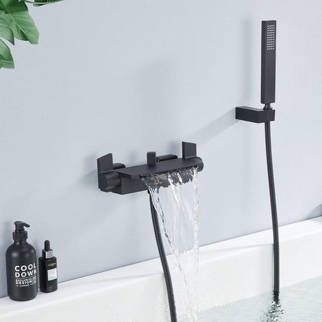 Mitigeur Baignoire Cascade Noir avec Douchette Robinet de Baignoire en Laiton Robinet Douche Montage Mural (1/5)