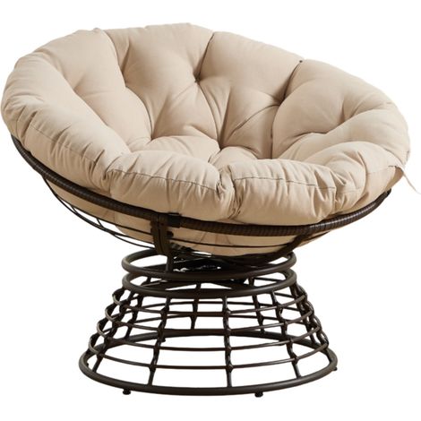 Fauteuil Papasan Ergonomique en Rotin PE avec Coussin Beige, Pivotant 360°, pour Intérieur et Extérieur (1/5)