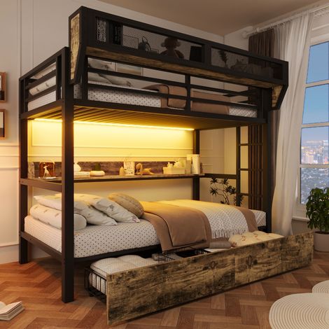 REDOM - Letto a castello 90x200 cm con mensola, cestino portaoggetti, 2 cassetti in metallo, MDF e metallo nero (Senza materasso) (1/5)